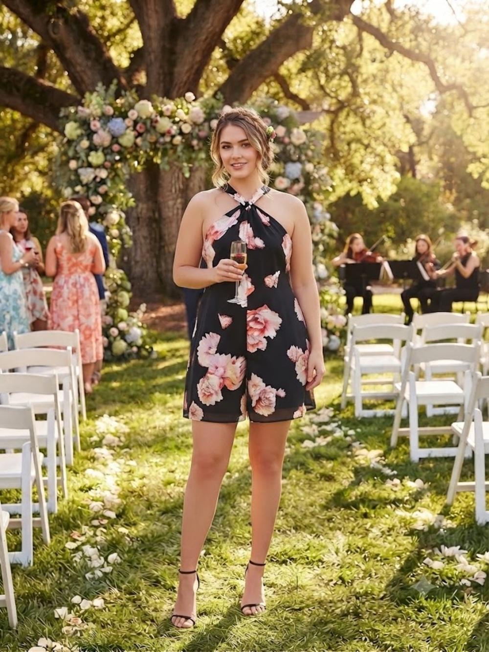 Halter Backless Floral Mini Dress - Black with Pink Floral